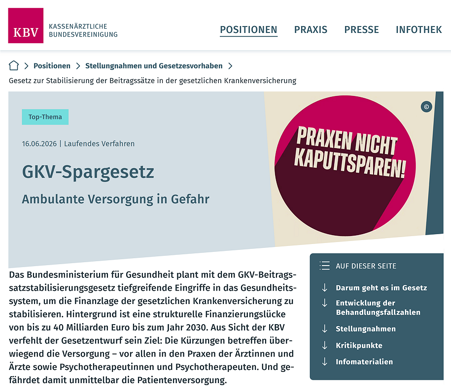 Bild der Startseite der GKV - Top-Thema: GKV-Spargesetz